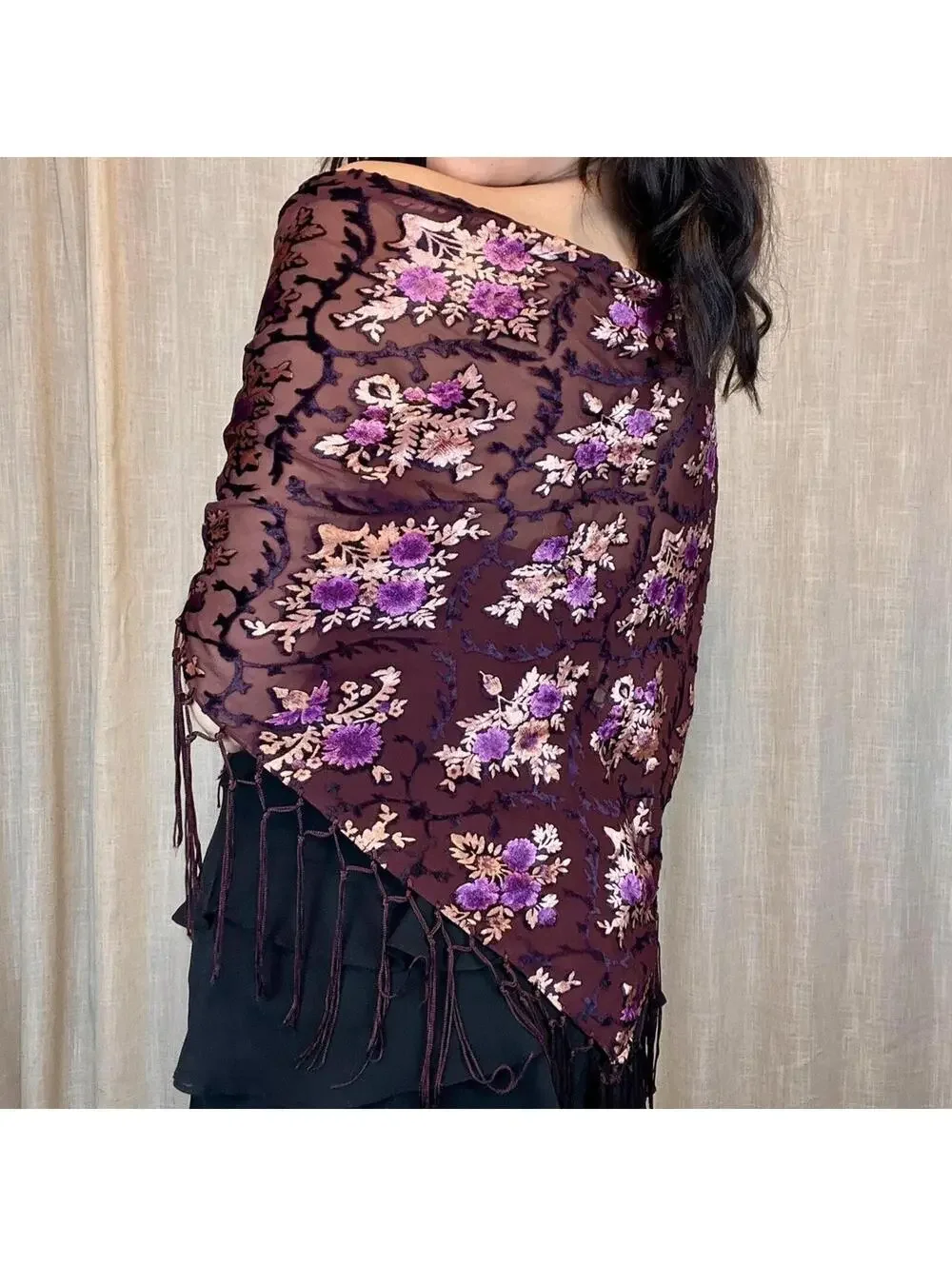 Floral Fringe Sheer Boho Shawl - Picture 3 of 5